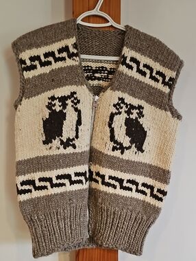 Hand Knit Vintage Cowichan Wool Vest With Owl Pattern